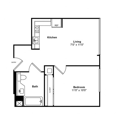 Floor plan for 1 bed, 1 bath, 454 sqft